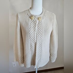 525 America M chunky Crochet Cardigan Cream Knit Bell Sleeve Fisherman Coastal